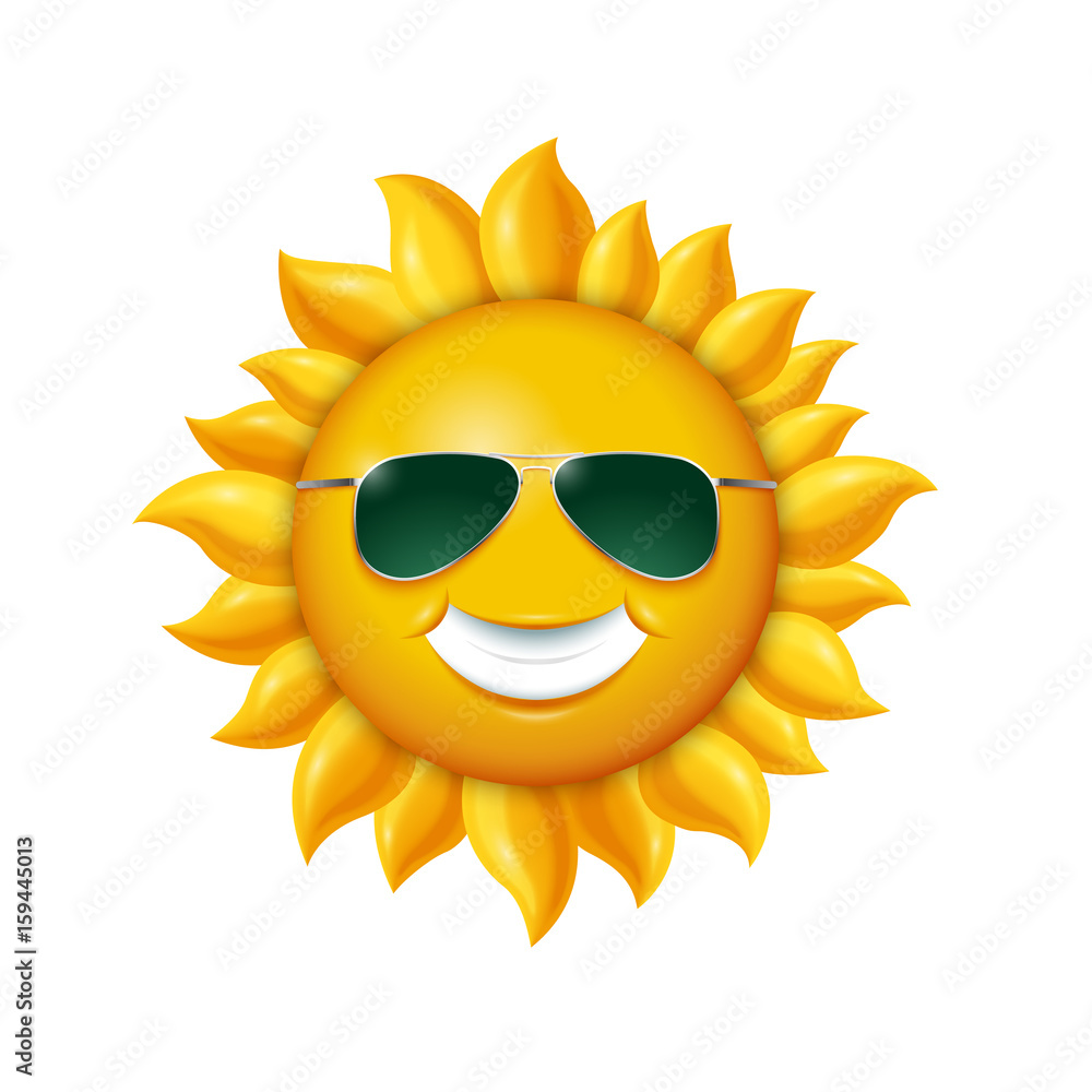Smiling summer sun in sunglasses. Vector illustration isolated on white background
