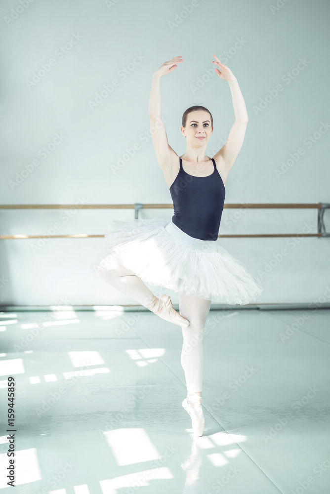 Elegant ballerina in ballet hall in balance passe on pointe Stock Photo |  Adobe Stock