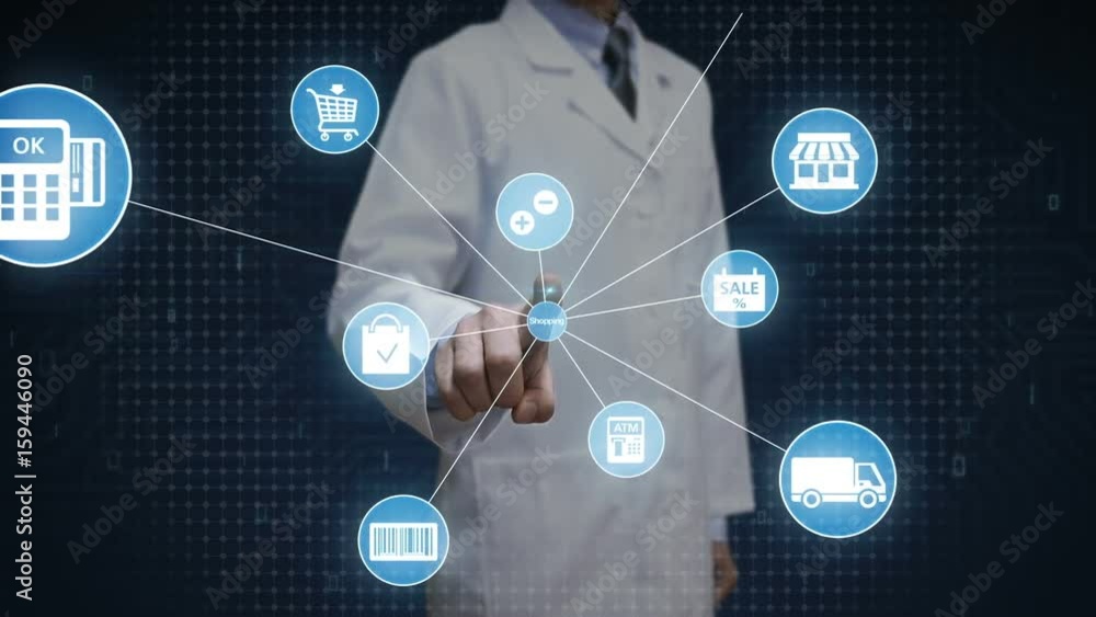 scientist, engineer touching screen, Internet shopping icon connect global world map, grow online commerce network. scientist, engineer touching screen, Internet shopping icon connect global world map, grow online commerce network.