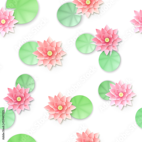 Paper flower. Pink Lotus. Seamless pattern. Vector illustration