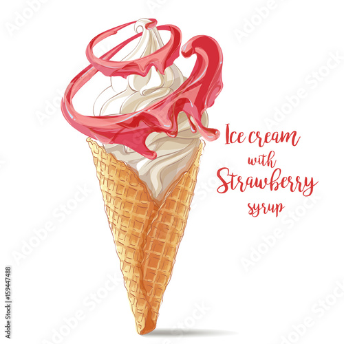 Vector ice cream in waffle cone with strawberry spiral