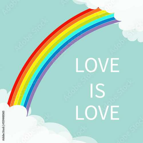 Love is love. Rainbow in the sky. Fluffy cloud in corners frame template. Cloudshape. Cloudy weather. LGBT sign symbol. Flat design. Blue background. Isolated