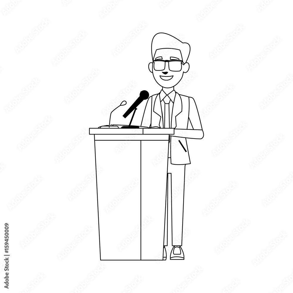 man in suit, businessman or politician stands at tribune with microphones and making a speech vector illustration