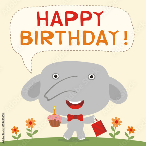 Happy birthday! Funny elephant with birthday cake and gift. Birthday card with little elephant in cartoon style for child birthday.