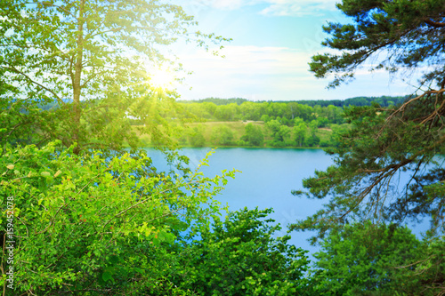 Summer water landscape in sunbeam.