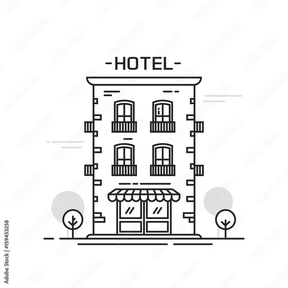 Hotel building line art outline cartoon style vector illustration, hostel  motel guest house small thin linear stroke clipart isolated on white  background graphic Stock Vector | Adobe Stock