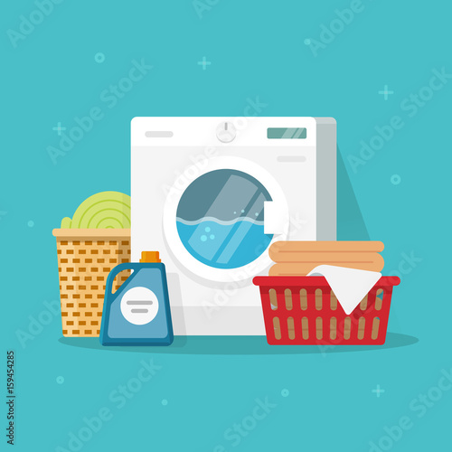 Laundry machine with washing clothing and linen vector illustration, flat carton style washer with baskets of linen and detergent, concept of domestic housework clipart