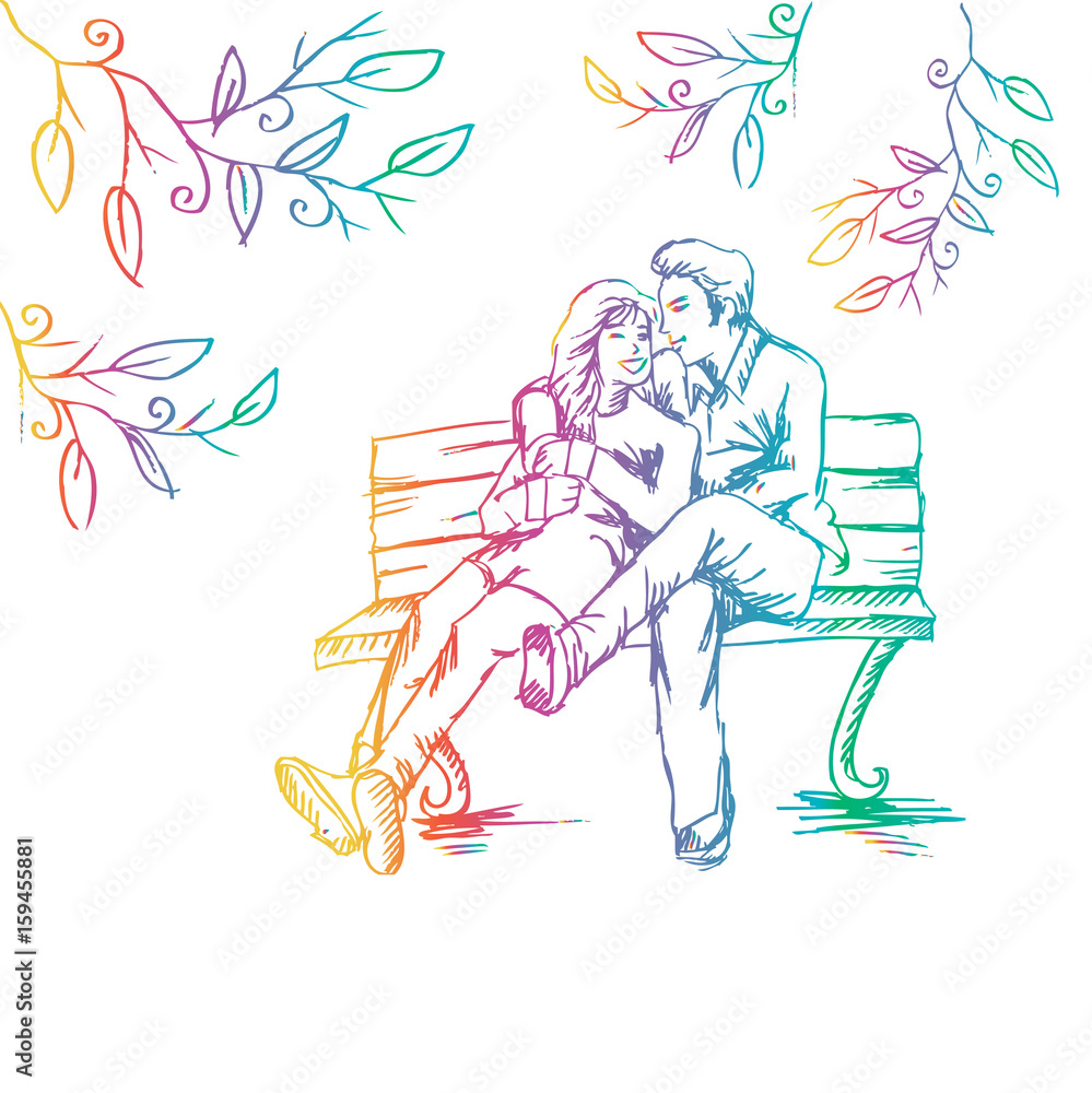 Romantic couple on a bench in the park. Sketchy style. Romantic couple on a bench in the park. Sketchy style.