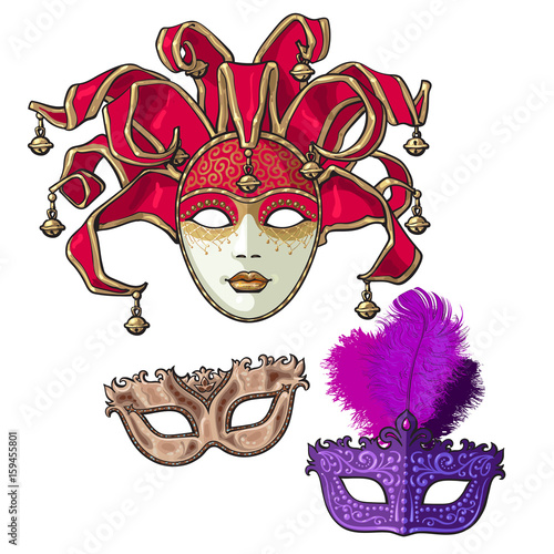 Set of three decorated Venetian carnival masks with feathers and bells, sketch style vector illustration isolated on white background. Realistic hand drawing of carnival, Venetian masquerade masks