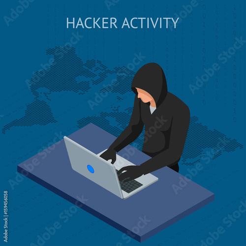 Isometric vector Internet hacker attack and personal data security concept. Computer security technology. E-mail spam viruses bank account hacking. Hacker working on a code. Internet crime concept.