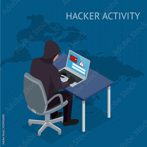 Isometric vector Internet hacker attack and personal data security concept. Computer security technology. E-mail spam viruses bank account hacking. Hacker working on a code. Internet crime concept.