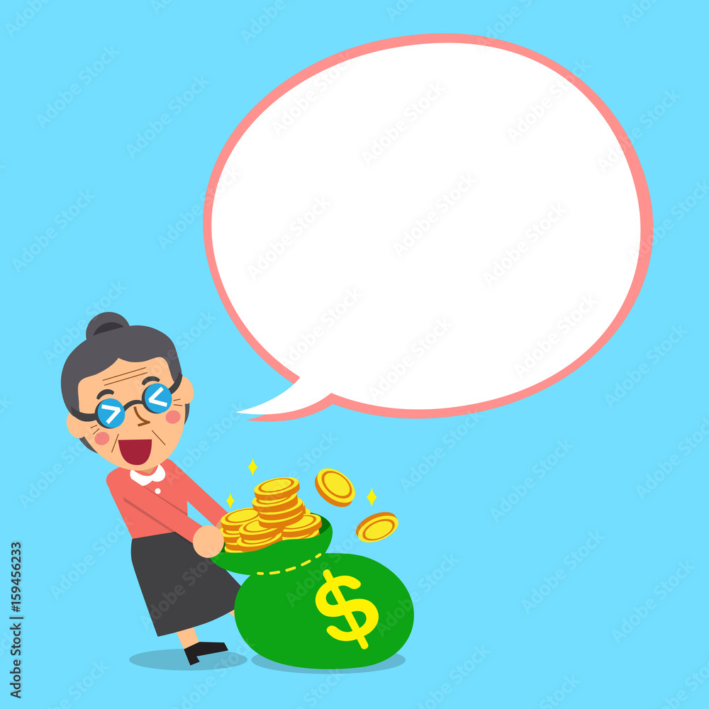 Cartoon senior woman and big money bag with white speech bubble Cartoon senior woman and big money bag with white speech bubble