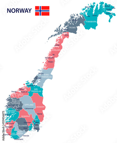Fotografia, Obraz Norway - map and flag - illustration