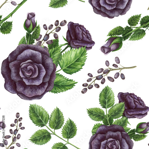 Fototapeta Naklejka Na Ścianę i Meble -  Seamless Pattern of Watercolor Bouquets with Purple Roses