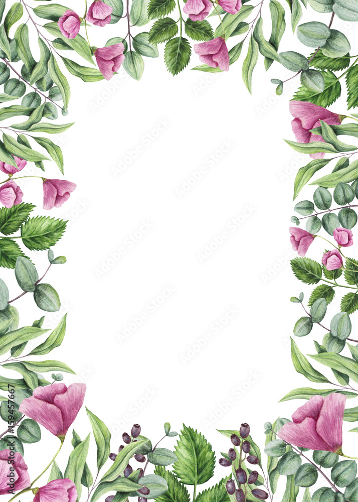 Frame with Watercolor Green Leaves and Flowers