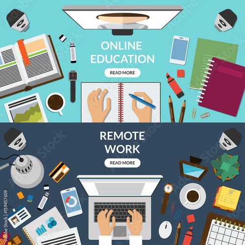 Online education, distant learning, freelance, remote work concept. Top view at a desktop. Vector illustration. Flat design