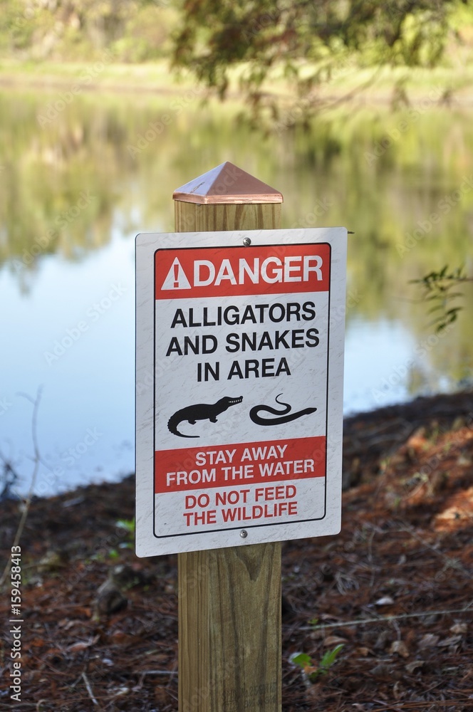 Danger alligators and snakes in the area stay away from the water sign