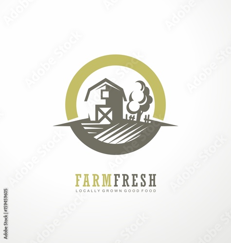 Farm fresh locally grown products. Promotional logo design idea with barn and tree.