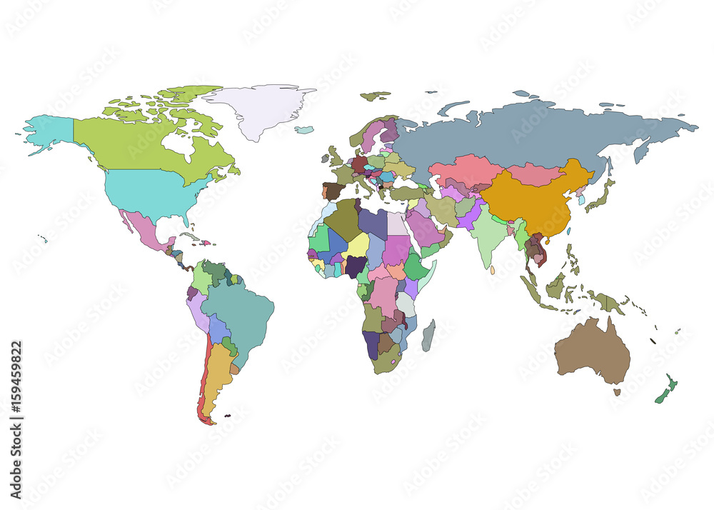 Vector World Map With Country Borders Political World Map Isolated On