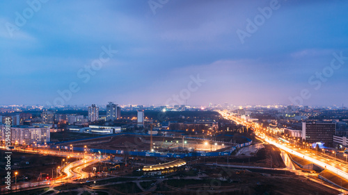 Minsk, Belarus. Aerial View Cityscape In Bright Blue Hour Evening