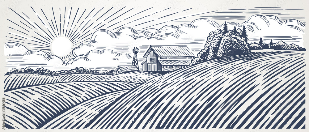Plakat Wiejski krajobraz z gospodarstwem rolnym w stylu grawerowania. Ręcznie rysowane i przekonwertowane do ilustracji wektorowych