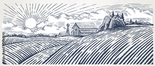 Plakat Wiejski krajobraz z gospodarstwem rolnym w stylu grawerowania. Ręcznie rysowane i przekonwertowane do ilustracji wektorowych