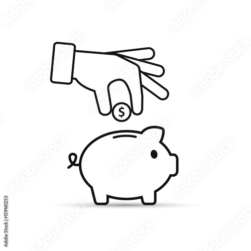 Piggy bank and hand with coin outline icon. Vector