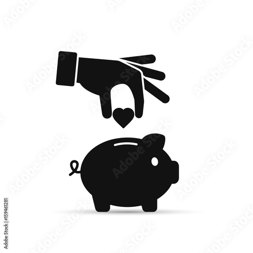 Hand put heart into piggy bank Vector icon, simple illustration