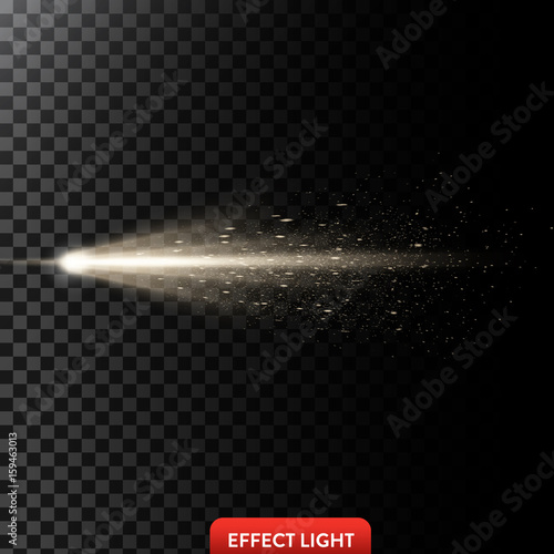 Vector illustration of a golden light ray with glitter, a light beam with sparks, a glow effect, an explosion, a flash on a black background. Design element