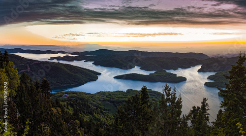 Panoramic view of the Plastiras artificial lake in Thessaly, Greece at sunrise