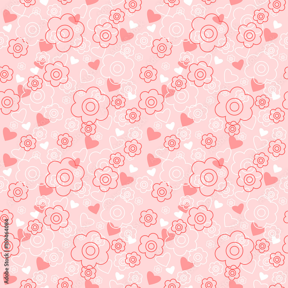 Seamless floral pattern with hearts on a pink background Seamless floral pattern with hearts on a pink background