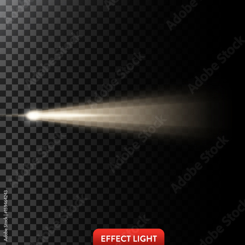 Vector illustration of a golden light ray, a light beam, a glow effect, an explosion, a flash on a black background. Design element