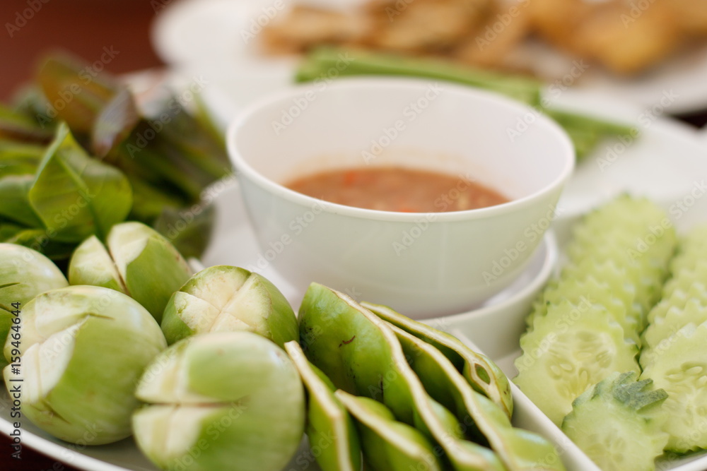 Shrimp chili sauce with fresh vegetable set, thai traditional food Shrimp chili sauce with fresh vegetable set, thai traditional food