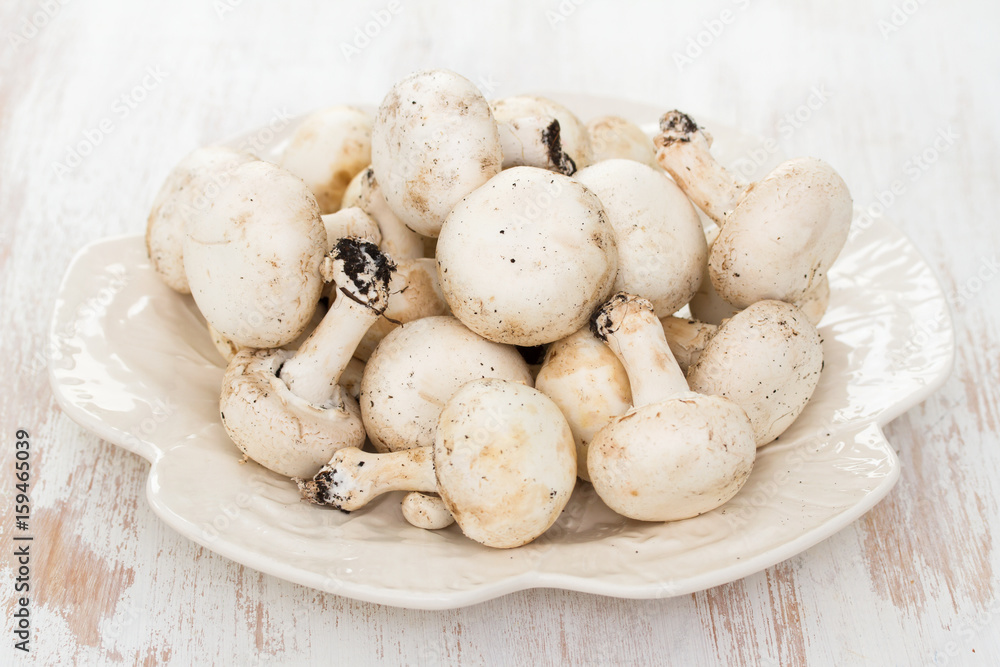 fresh mushrooms in white plate on wooden background