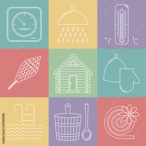 Elements of Russian banya. Sauna icons set. Vector