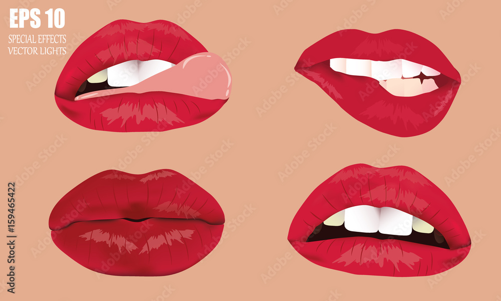 A set of female lips. Lush lips, how to kiss with an open mouth. Chic sexy red lips on beige background. Erotica, temptation.