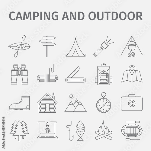 Outdoor recreation. Outdoor activity. Adventure recreation. Tourism. Thin line icon set. Vector illustration.