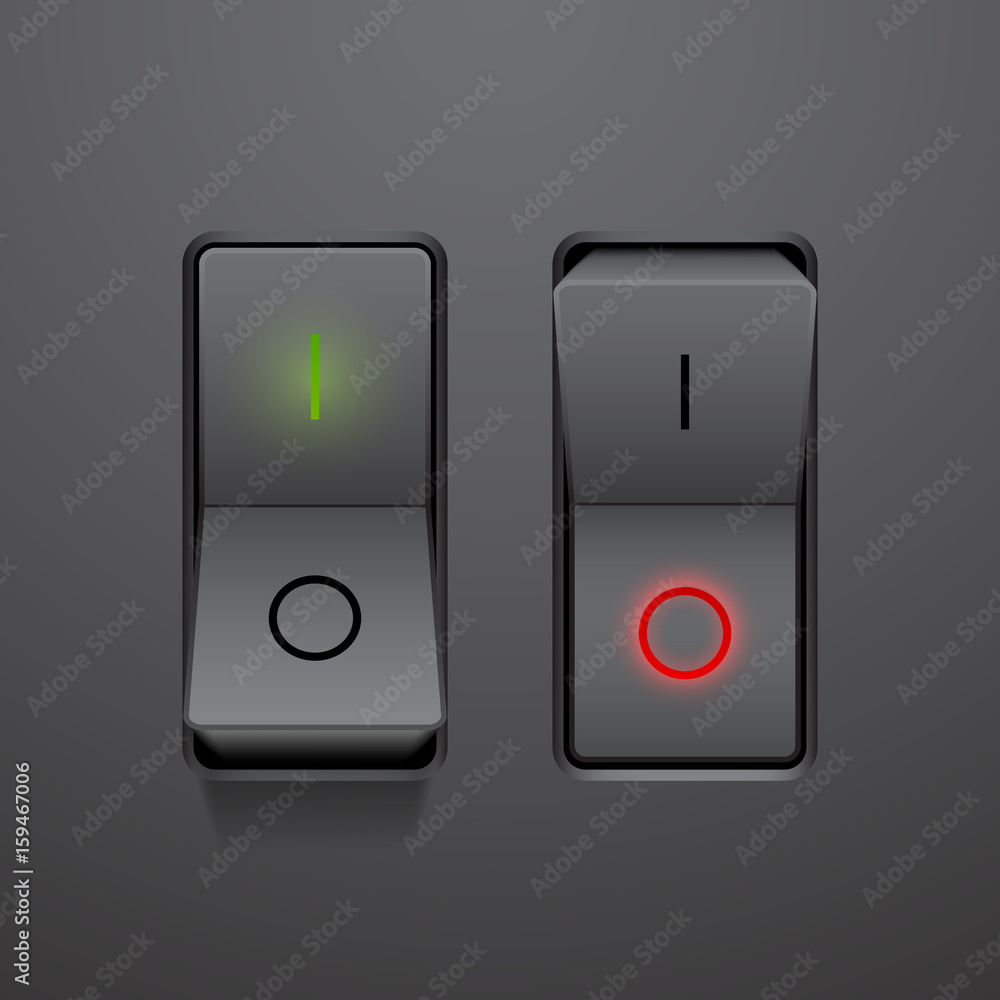 Set of realistic black toggle switches in on and off positions, vector button illustration Set of realistic black toggle switches in on and off positions, vector button illustration