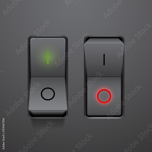Set of realistic black toggle switches in on and off positions, vector button illustration