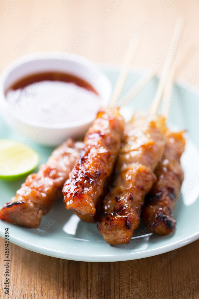grilled pork skewer with spicy sauce grilled pork skewer with spicy sauce