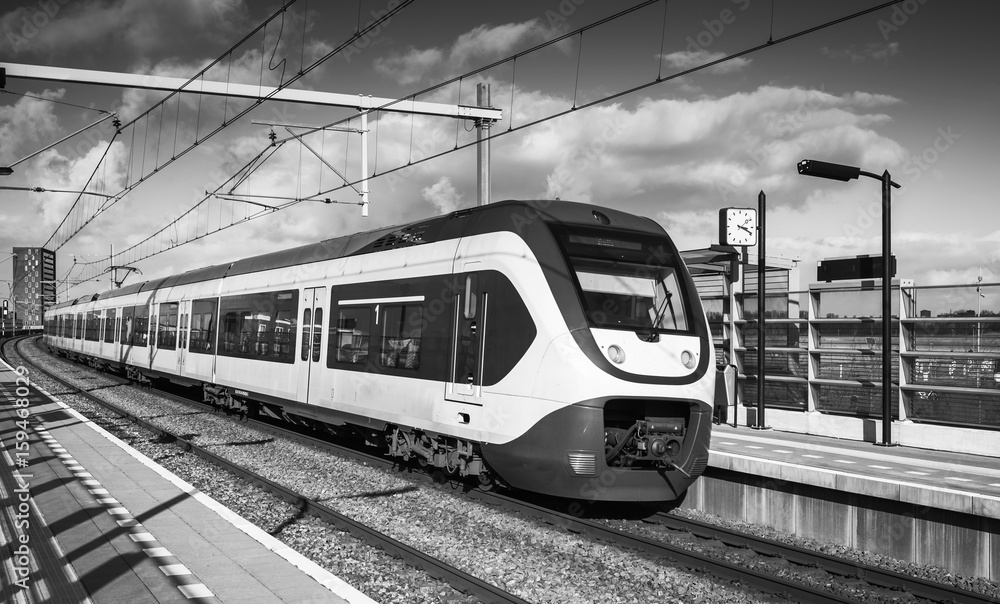 Passenger electric train, black and white