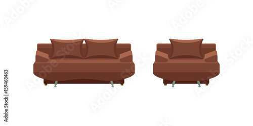 Colorful icon chair and sofa. Collection of furniture for home interiors. Vector illustration in flat style.