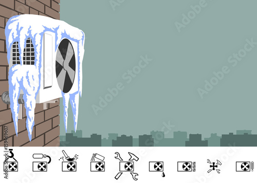 Repair of air conditioner in winter. Outdoor unit of the air conditioner on a brick wall of a multi-storey building. The picture has the proportions of a business card.