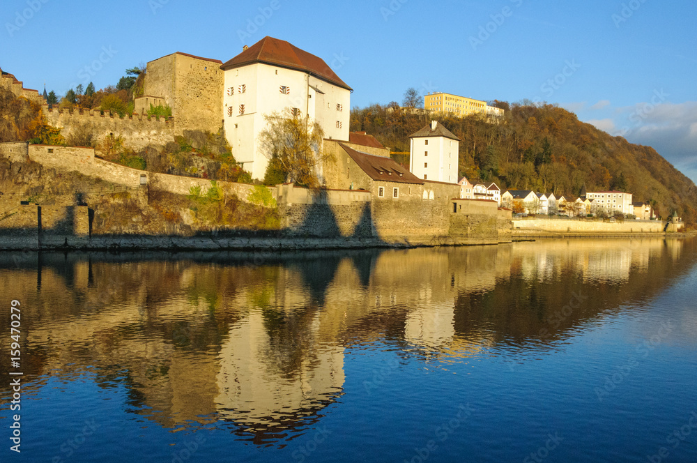 Veste Oberhaus is a fortress on hillside along the walkway overlooking the Danube River in Passau, Germany