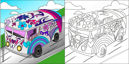 Hand drawn doodle outline retro bus travel decorated with ornaments.Vector zentangle illustration.Floral ornament.Sketch for tattoo or coloring pages.Boho style.