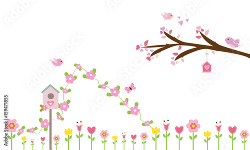 Flores rosas y rama de árbol con pajaritos.