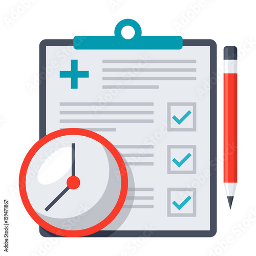 Appointment request concept with document, clock and pencil, vector illustration in flat style