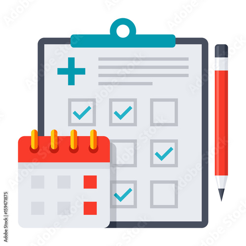 Appointment scheduler concept with document, calendar and pencil, vector illustration in flat style