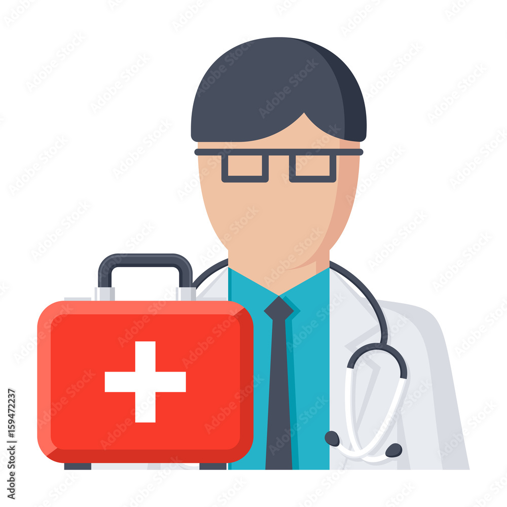Doctor on call concept with doctor and first aid kit, vector illustration in flat style Doctor on call concept with doctor and first aid kit, vector illustration in flat style
