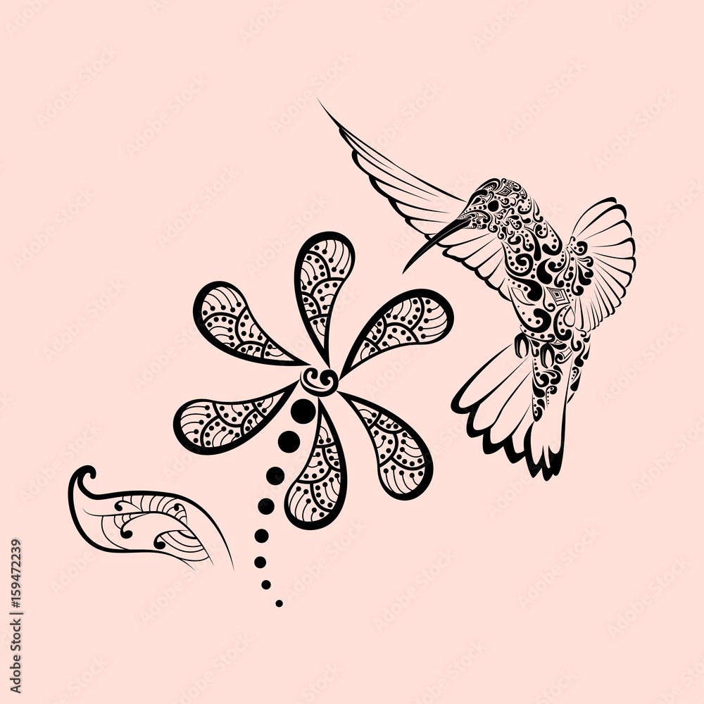 Hand drawn, Hummingbird in hibiscus for adult anti stress coloring pages, t-shirt print. Boho, bohemian style. Isolated illustration in doodle, henna tattoo design. Hand drawn, Hummingbird in hibiscus for adult anti stress coloring pages, t-shirt print. Boho, bohemian style. Isolated illustration in doodle, henna tattoo design.